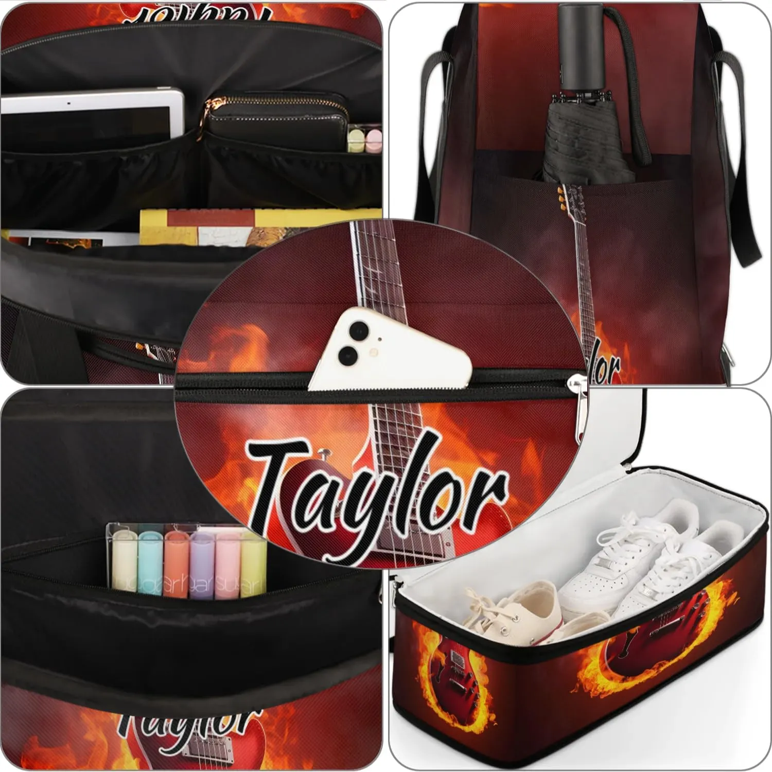 Customized Gym Bag for Women, Personalized Guitar Flame Travel Duffel Bag with Name, Music Theme Weekender Overnight Bag with Shoes Compartment for Men Travel Yoga