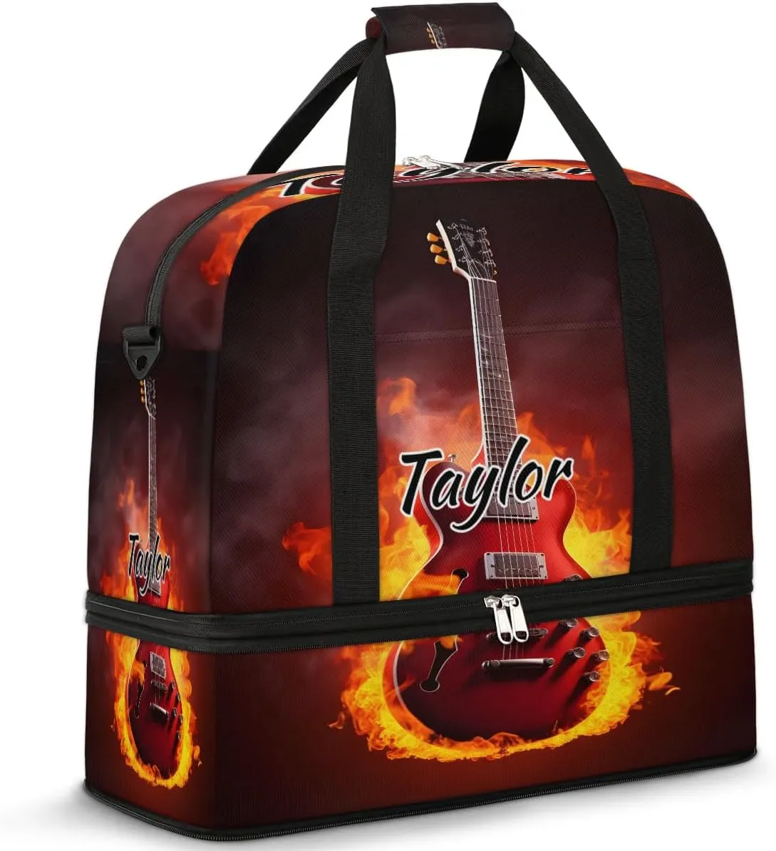 Customized Gym Bag for Women, Personalized Guitar Flame Travel Duffel Bag with Name, Music Theme Weekender Overnight Bag with Shoes Compartment for Men Travel Yoga