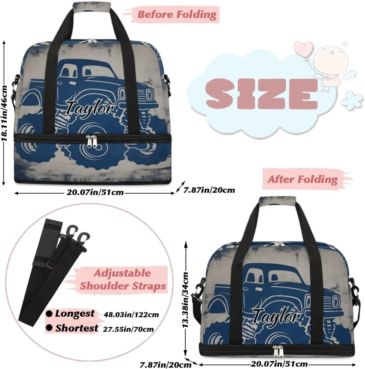 Customized Gym Bag for Women, Personalized Monster Truck Travel Duffel Bag with Name, Truck Car Weekender Overnight Bag with Shoes Compartment for Men Travel Yoga