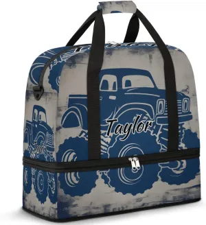 Customized Gym Bag for Women, Personalized Monster Truck Travel Duffel Bag with Name, Truck Car Weekender Overnight Bag with Shoes Compartment for Men Travel Yoga