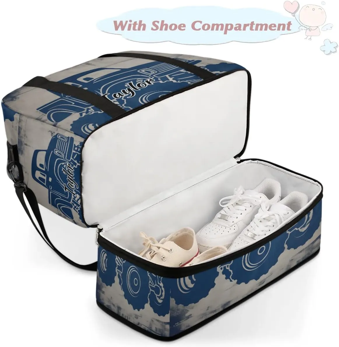 Customized Gym Bag for Women, Personalized Monster Truck Travel Duffel Bag with Name, Truck Car Weekender Overnight Bag with Shoes Compartment for Men Travel Yoga