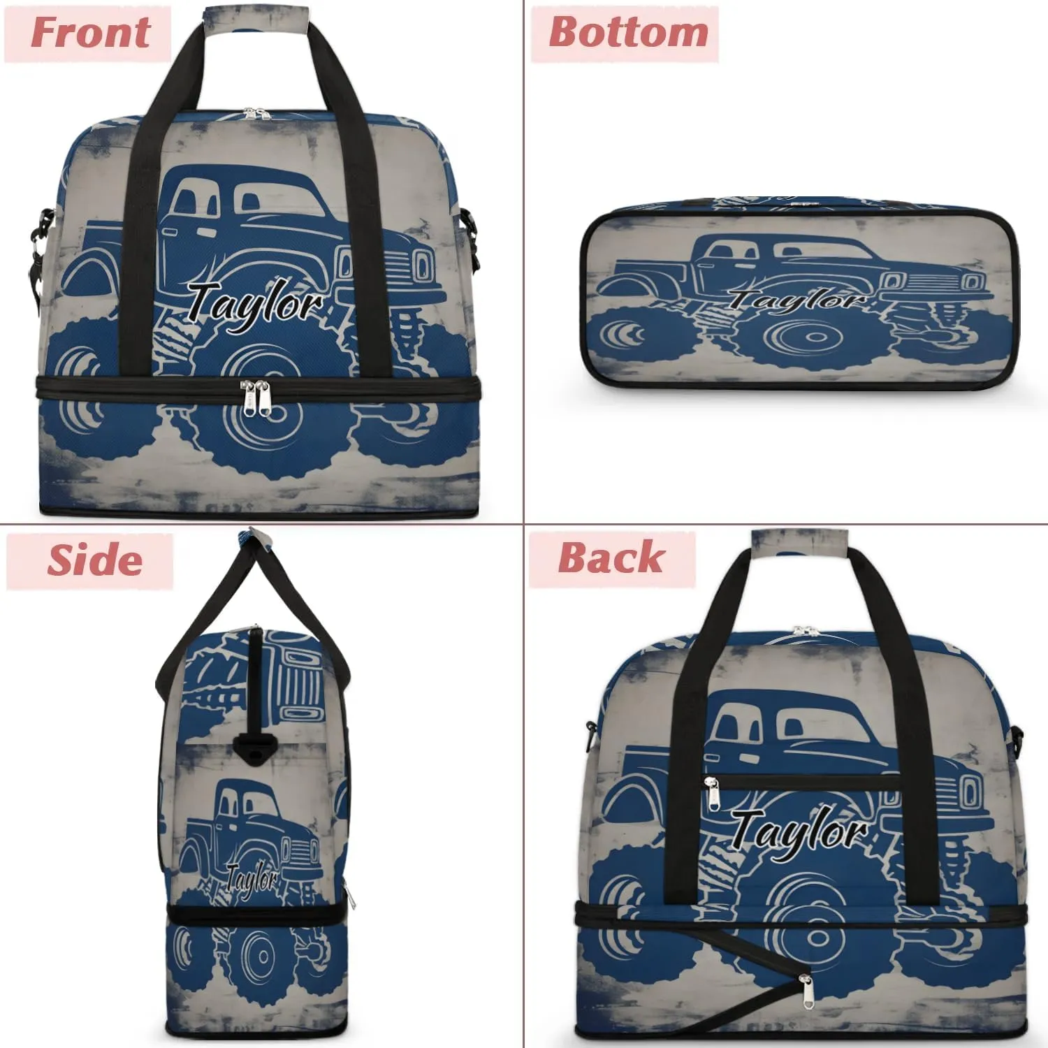 Customized Gym Bag for Women, Personalized Monster Truck Travel Duffel Bag with Name, Truck Car Weekender Overnight Bag with Shoes Compartment for Men Travel Yoga