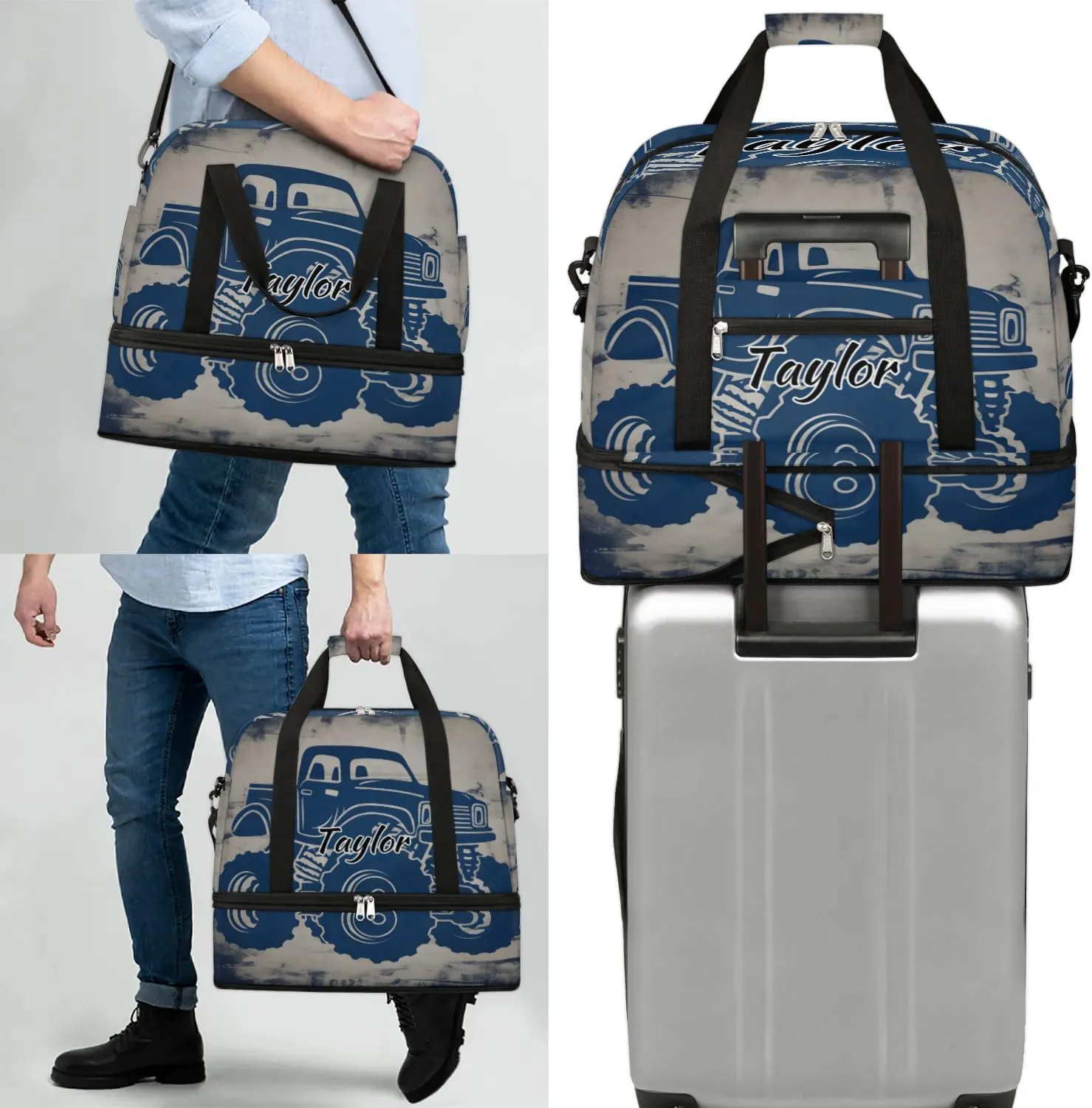 Customized Gym Bag for Women, Personalized Monster Truck Travel Duffel Bag with Name, Truck Car Weekender Overnight Bag with Shoes Compartment for Men Travel Yoga