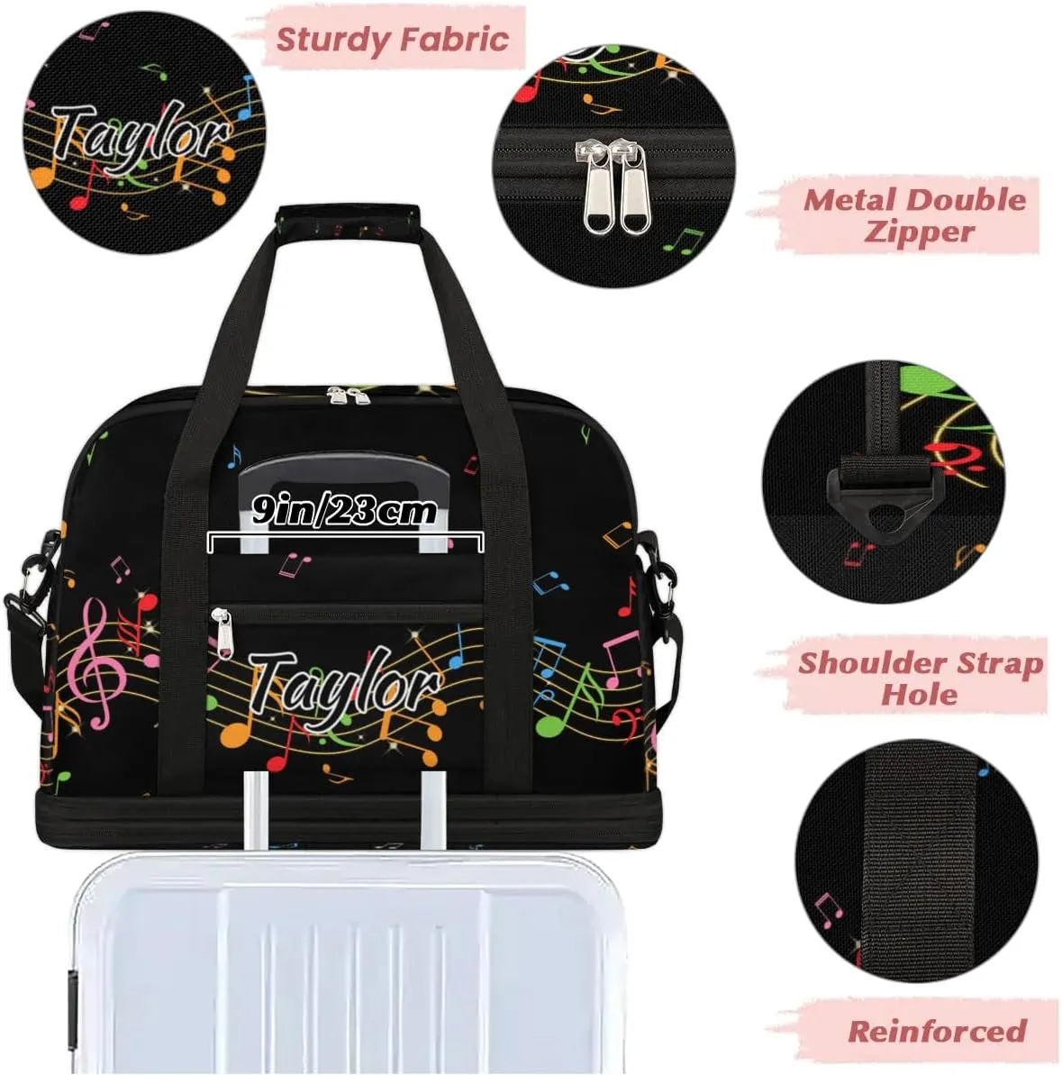 Customized Gym Bag for Women, Personalized Music Note Travel Duffel Bag with Name, Colorful Music Weekender Overnight Bag with Shoes Compartment for Men Travel Yoga