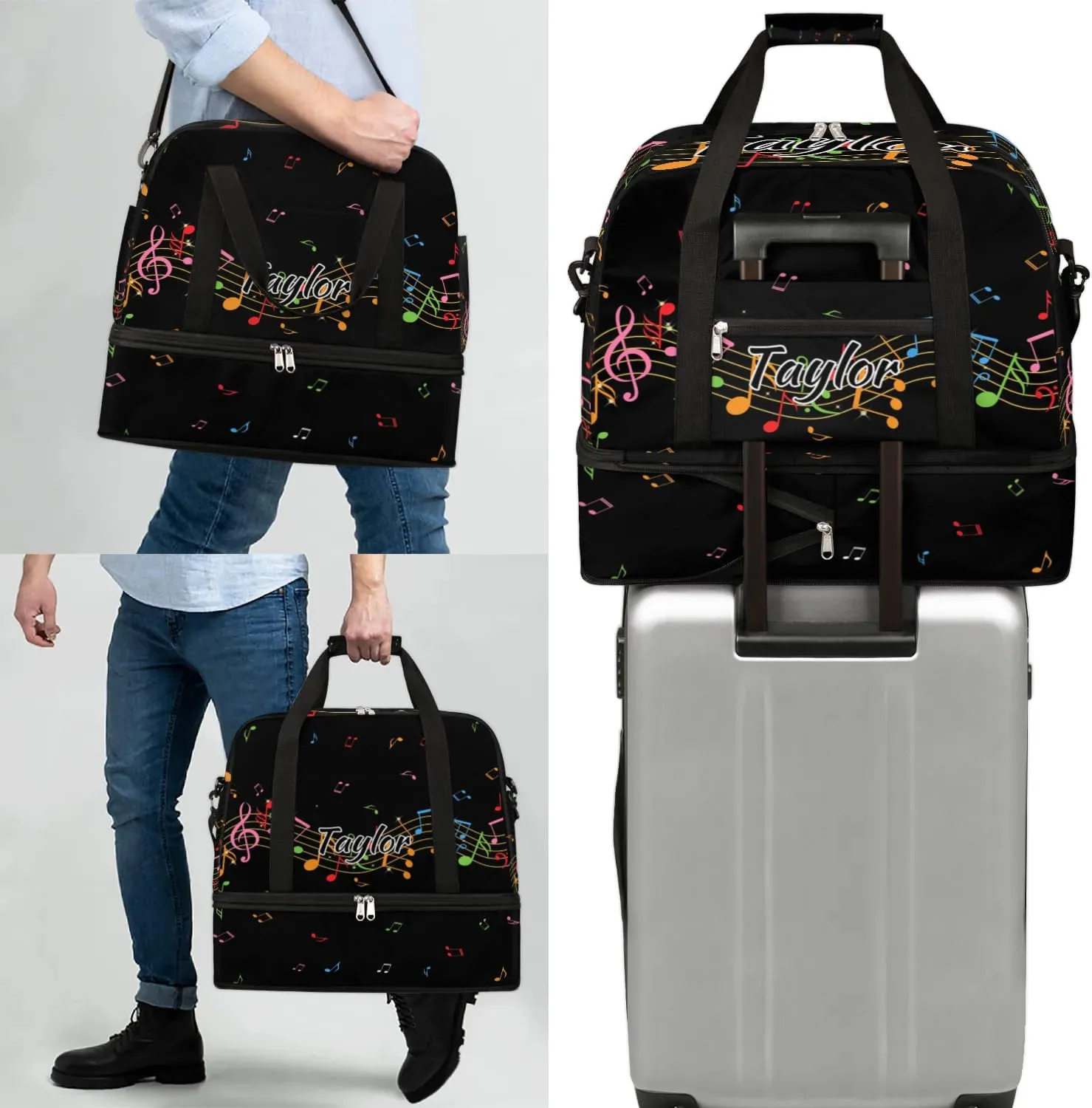 Customized Gym Bag for Women, Personalized Music Note Travel Duffel Bag with Name, Colorful Music Weekender Overnight Bag with Shoes Compartment for Men Travel Yoga