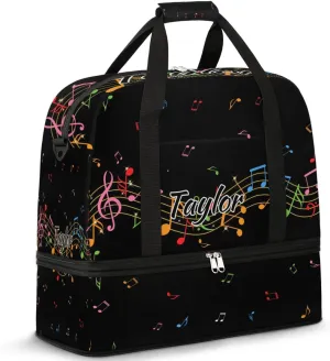 Customized Gym Bag for Women, Personalized Music Note Travel Duffel Bag with Name, Colorful Music Weekender Overnight Bag with Shoes Compartment for Men Travel Yoga