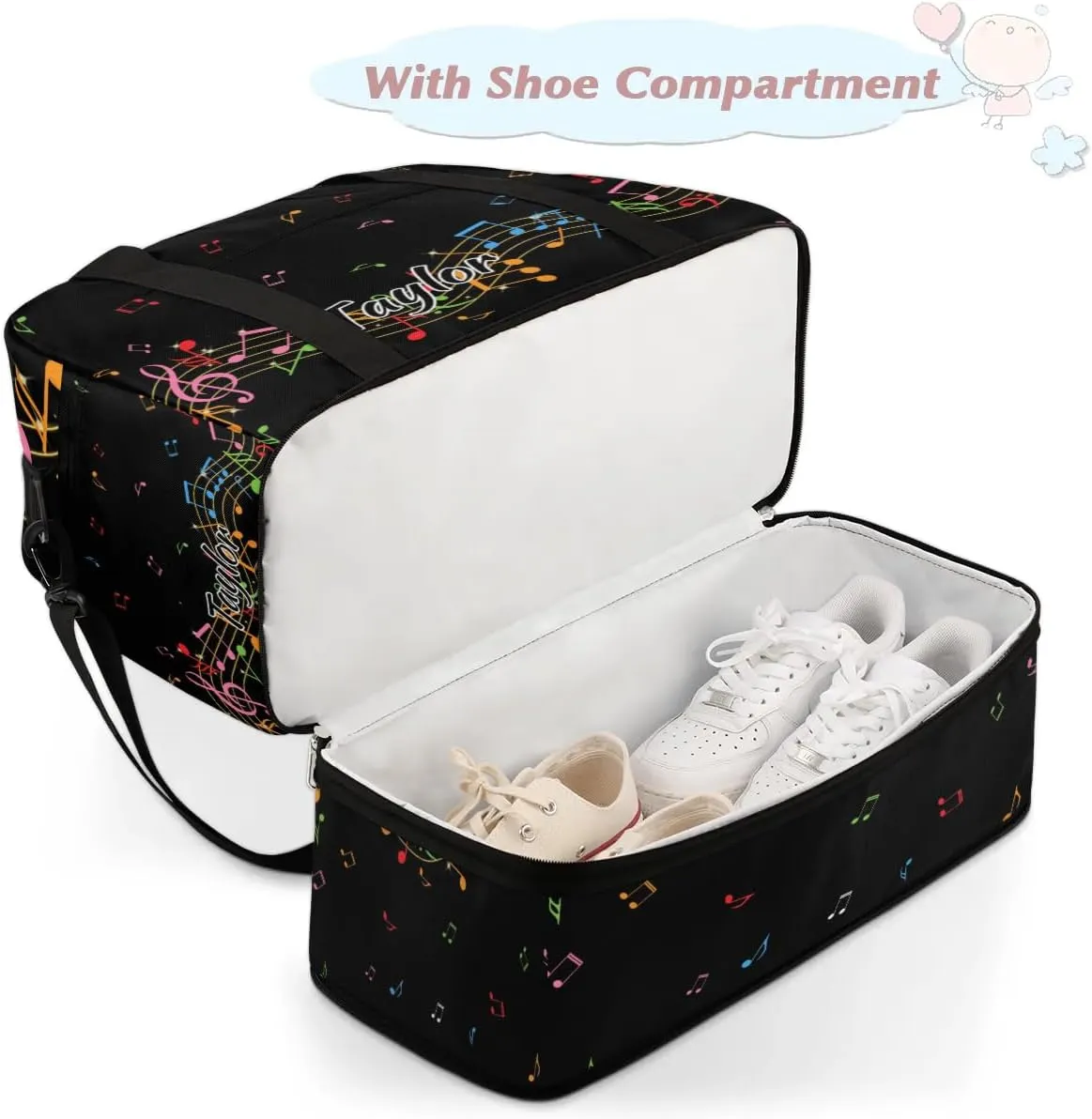 Customized Gym Bag for Women, Personalized Music Note Travel Duffel Bag with Name, Colorful Music Weekender Overnight Bag with Shoes Compartment for Men Travel Yoga