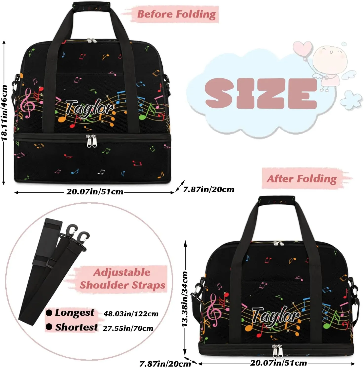 Customized Gym Bag for Women, Personalized Music Note Travel Duffel Bag with Name, Colorful Music Weekender Overnight Bag with Shoes Compartment for Men Travel Yoga