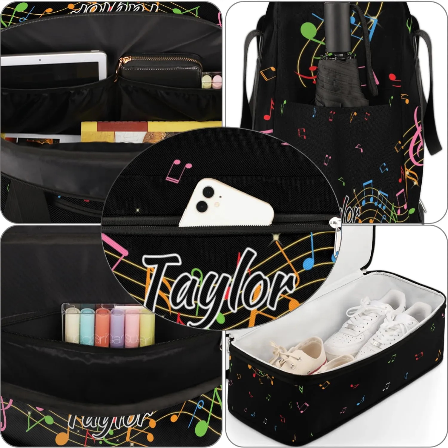 Customized Gym Bag for Women, Personalized Music Note Travel Duffel Bag with Name, Colorful Music Weekender Overnight Bag with Shoes Compartment for Men Travel Yoga