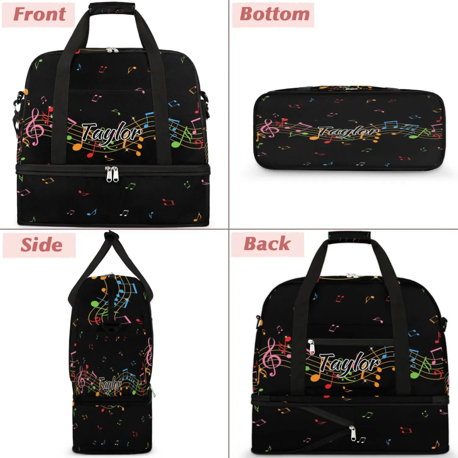 Customized Gym Bag for Women, Personalized Music Note Travel Duffel Bag with Name, Colorful Music Weekender Overnight Bag with Shoes Compartment for Men Travel Yoga