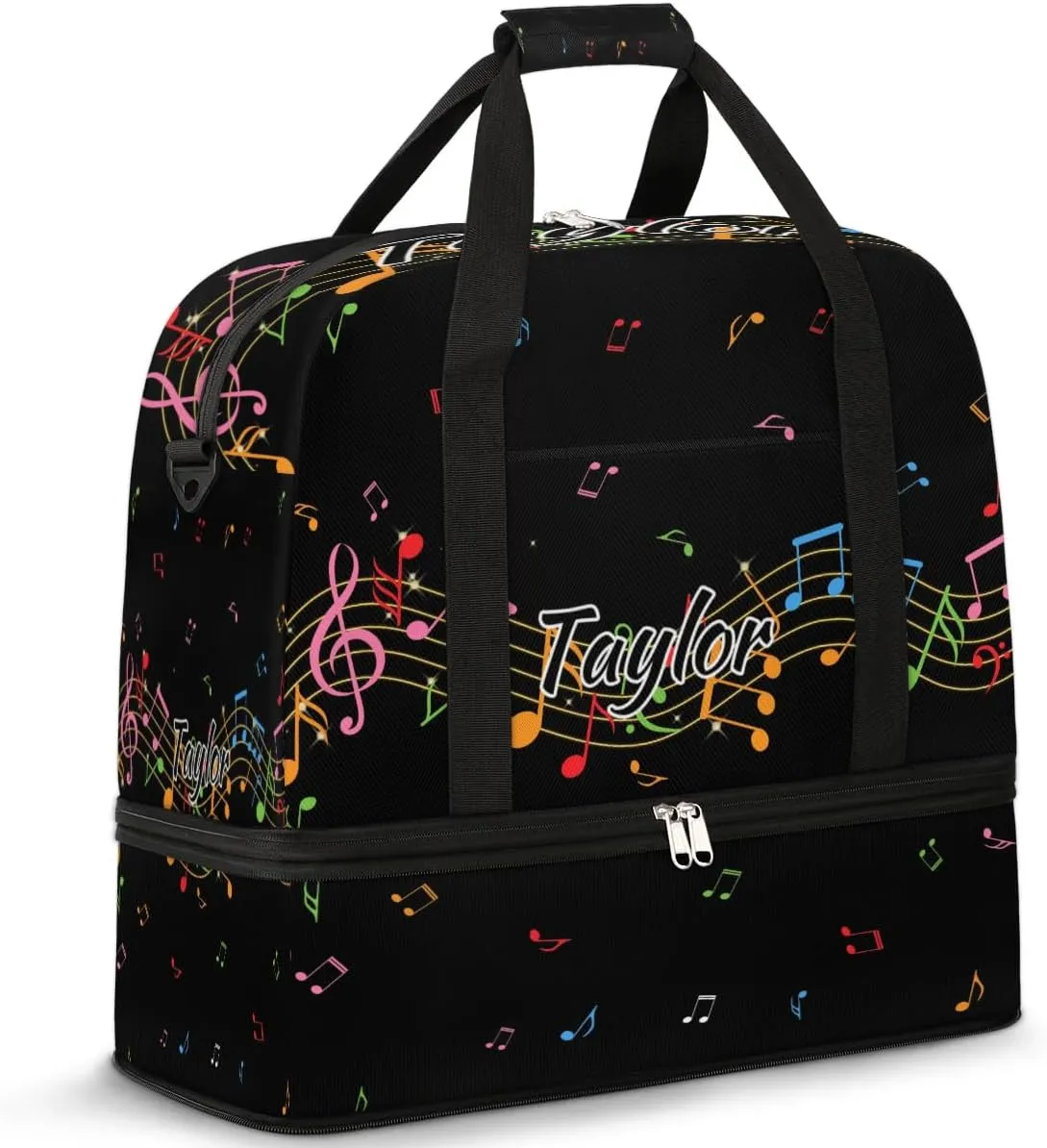 Customized Gym Bag for Women, Personalized Music Note Travel Duffel Bag with Name, Colorful Music Weekender Overnight Bag with Shoes Compartment for Men Travel Yoga