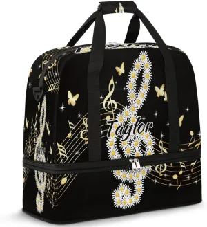 Customized Gym Bag for Women, Personalized Music Note Travel Duffel Bag with Name, Daisy Butterflies Weekender Overnight Bag with Shoes Compartment for Men Travel Yoga