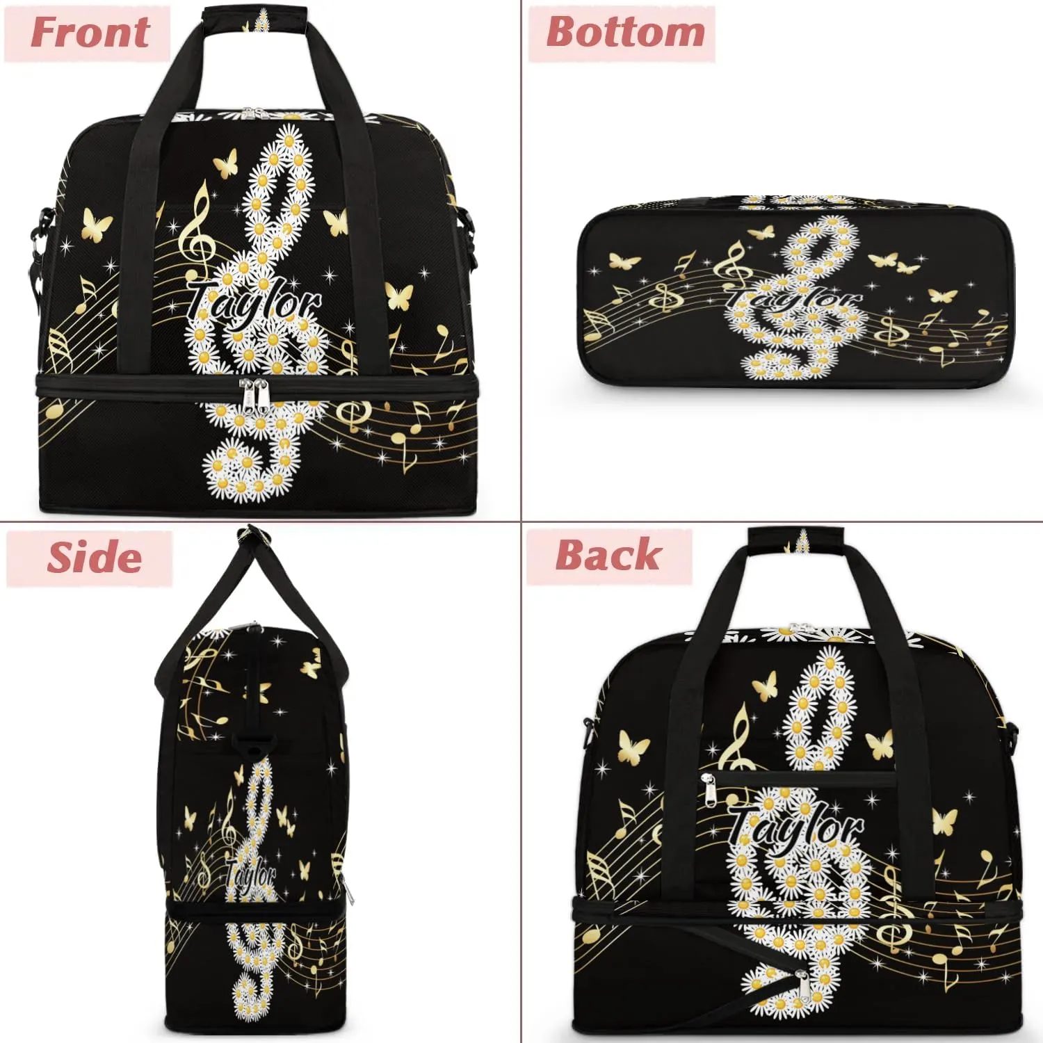 Customized Gym Bag for Women, Personalized Music Note Travel Duffel Bag with Name, Daisy Butterflies Weekender Overnight Bag with Shoes Compartment for Men Travel Yoga