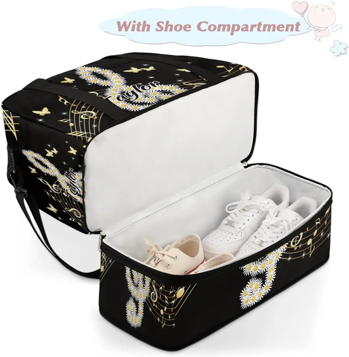Customized Gym Bag for Women, Personalized Music Note Travel Duffel Bag with Name, Daisy Butterflies Weekender Overnight Bag with Shoes Compartment for Men Travel Yoga