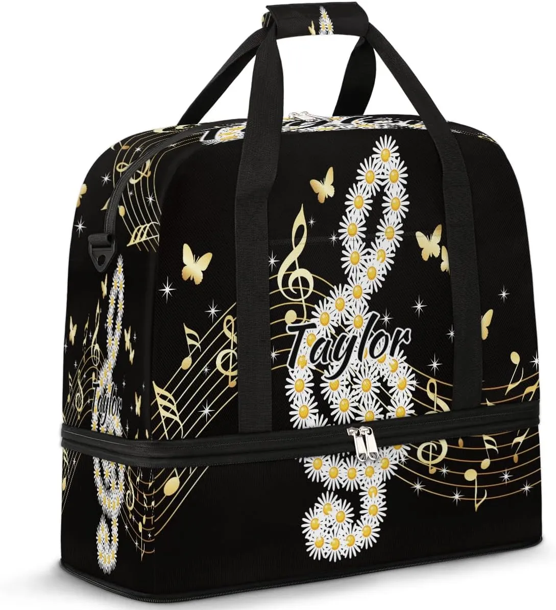 Customized Gym Bag for Women, Personalized Music Note Travel Duffel Bag with Name, Daisy Butterflies Weekender Overnight Bag with Shoes Compartment for Men Travel Yoga
