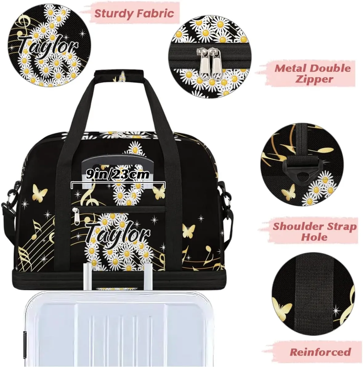 Customized Gym Bag for Women, Personalized Music Note Travel Duffel Bag with Name, Daisy Butterflies Weekender Overnight Bag with Shoes Compartment for Men Travel Yoga