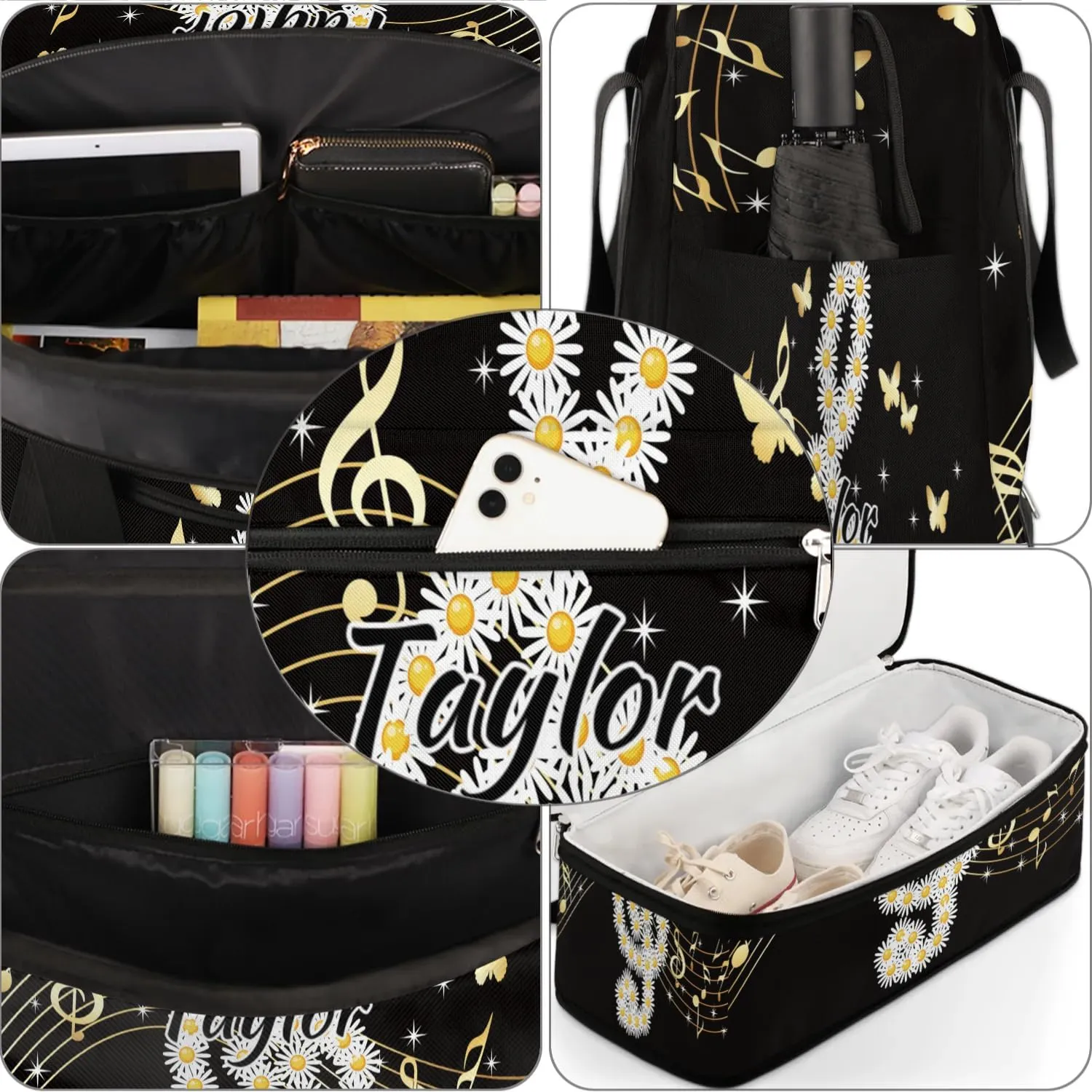 Customized Gym Bag for Women, Personalized Music Note Travel Duffel Bag with Name, Daisy Butterflies Weekender Overnight Bag with Shoes Compartment for Men Travel Yoga