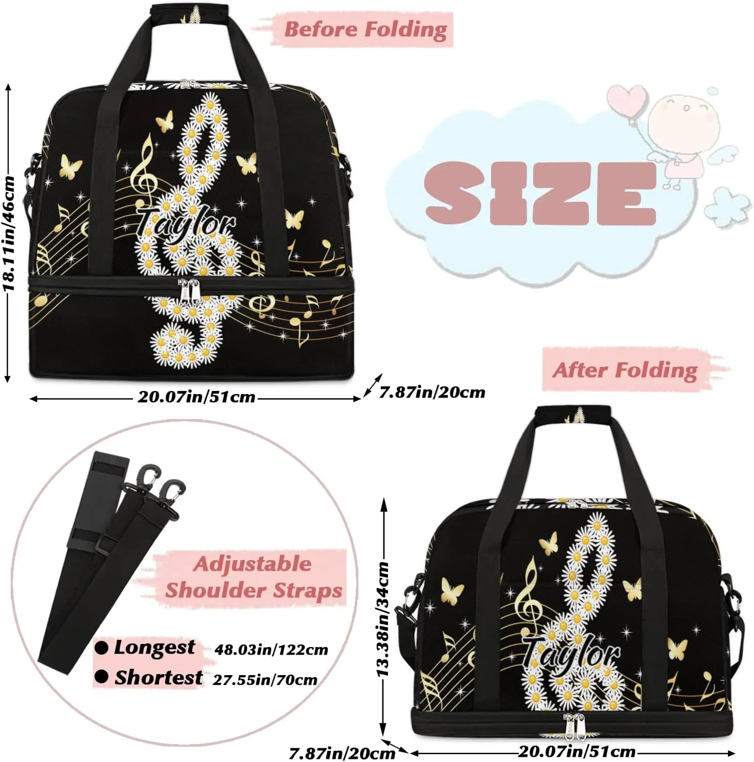 Customized Gym Bag for Women, Personalized Music Note Travel Duffel Bag with Name, Daisy Butterflies Weekender Overnight Bag with Shoes Compartment for Men Travel Yoga