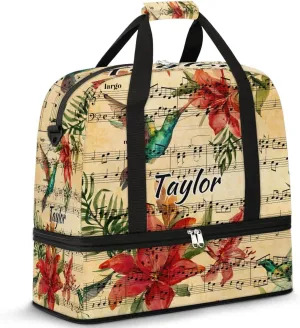 Customized Gym Bag for Women, Personalized Music Note Travel Duffel Bag with Name, Hummingbird Weekender Overnight Bag with Shoes Compartment for Men Travel Yoga