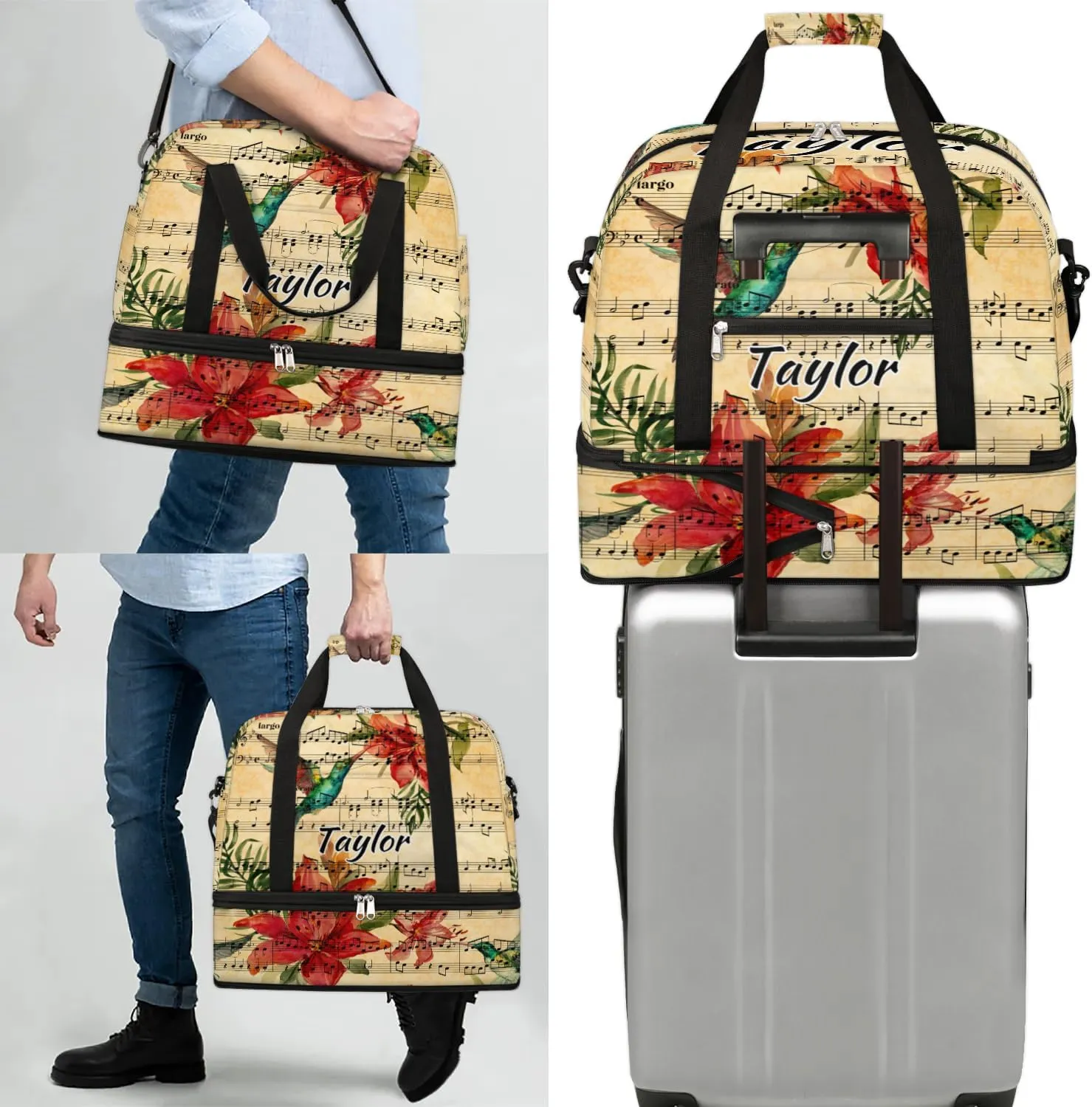 Customized Gym Bag for Women, Personalized Music Note Travel Duffel Bag with Name, Hummingbird Weekender Overnight Bag with Shoes Compartment for Men Travel Yoga