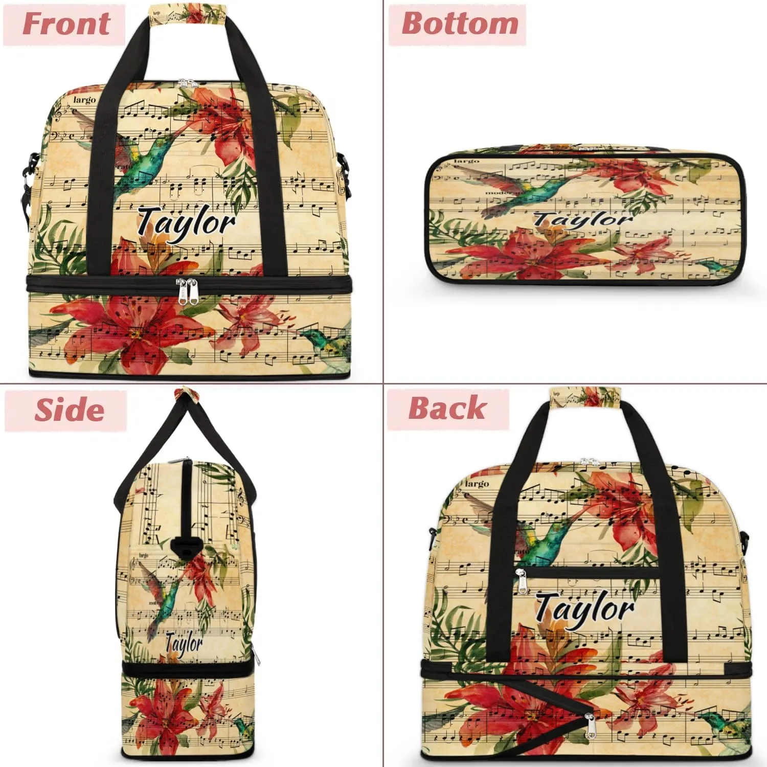 Customized Gym Bag for Women, Personalized Music Note Travel Duffel Bag with Name, Hummingbird Weekender Overnight Bag with Shoes Compartment for Men Travel Yoga