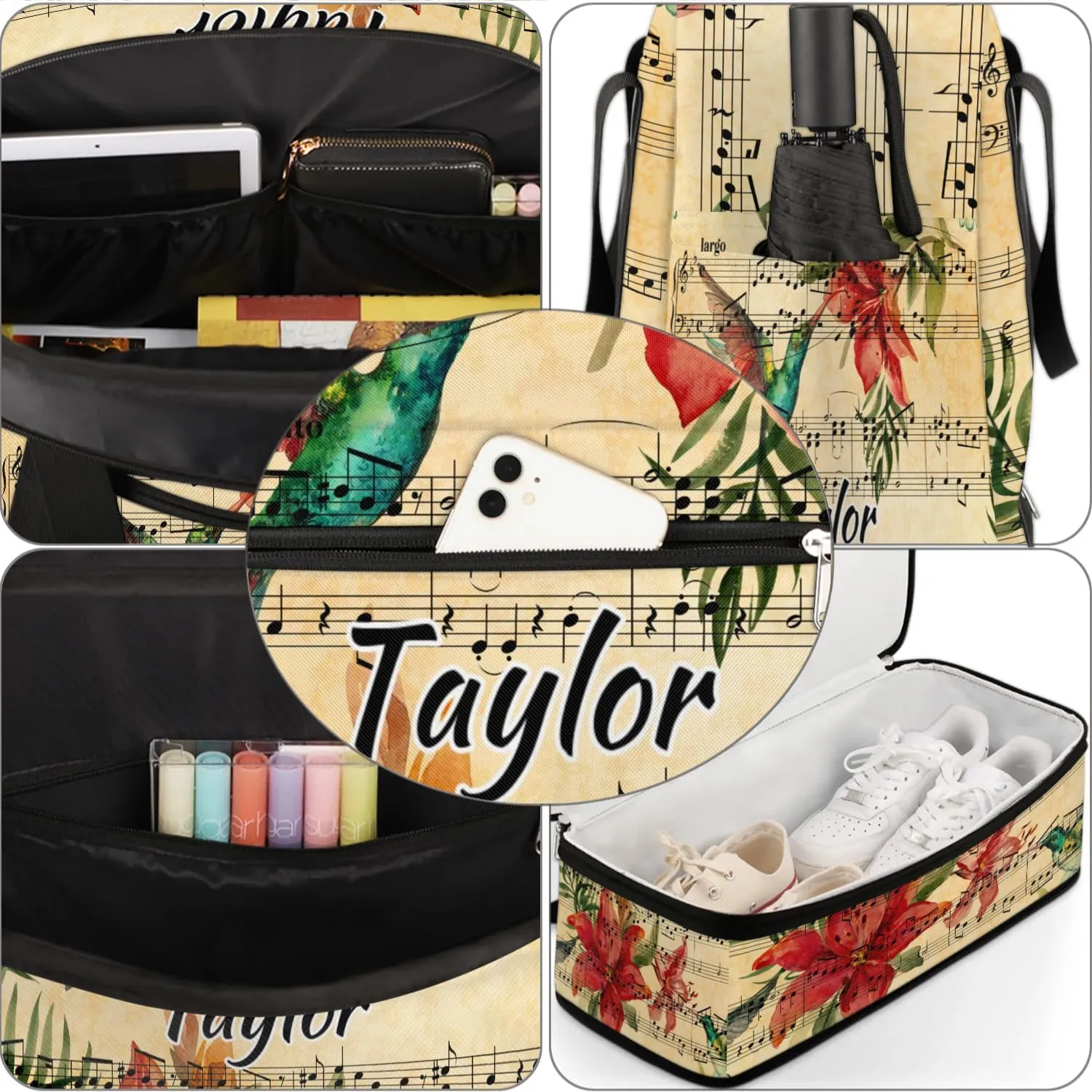 Customized Gym Bag for Women, Personalized Music Note Travel Duffel Bag with Name, Hummingbird Weekender Overnight Bag with Shoes Compartment for Men Travel Yoga
