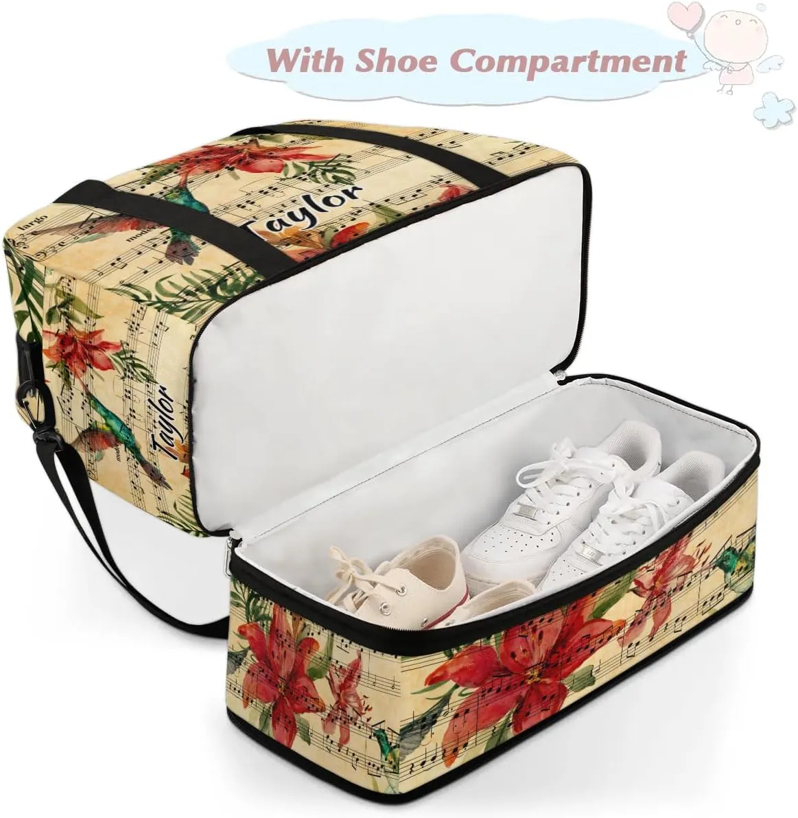 Customized Gym Bag for Women, Personalized Music Note Travel Duffel Bag with Name, Hummingbird Weekender Overnight Bag with Shoes Compartment for Men Travel Yoga