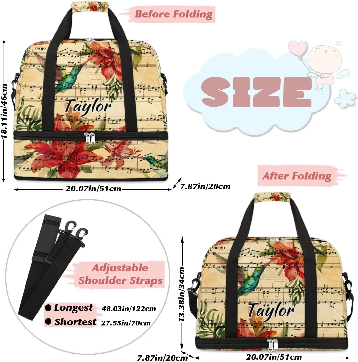 Customized Gym Bag for Women, Personalized Music Note Travel Duffel Bag with Name, Hummingbird Weekender Overnight Bag with Shoes Compartment for Men Travel Yoga