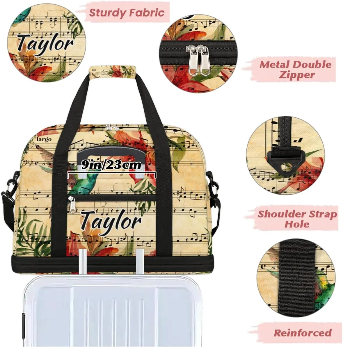 Customized Gym Bag for Women, Personalized Music Note Travel Duffel Bag with Name, Hummingbird Weekender Overnight Bag with Shoes Compartment for Men Travel Yoga