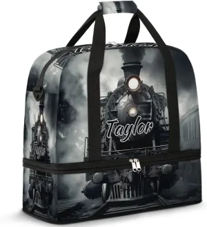 Customized Gym Bag for Women, Personalized Steam Train Travel Duffel Bag with Name, Black Train Weekender Overnight Bag with Shoes Compartment for Men Travel Yoga