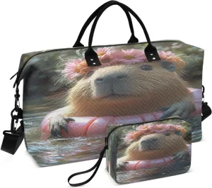 Cute Capybara Wearing A Swim Ring Travel Duffel Bags 2PCS,Sports Duffel Bags for Men Women,Weekender Overnight Bag Gym Tote Bag with Toiletry Bag