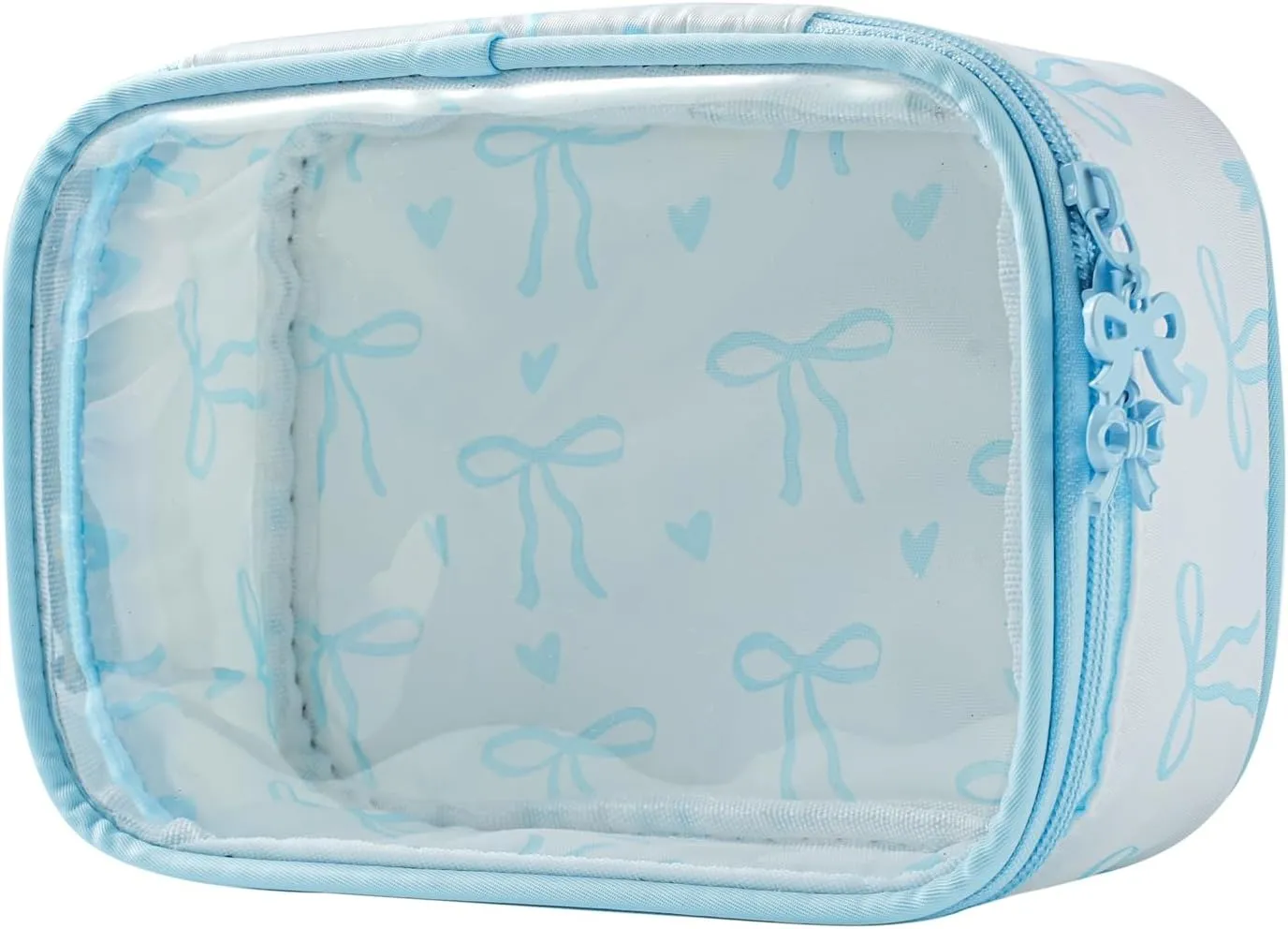 Cute Clear Makeup Bag with Bow Pattern,Transparent Nylon Travel Cosmetic Case with Zipper,Portable Makeup Organizer Pouch for Essentials(02Blue)