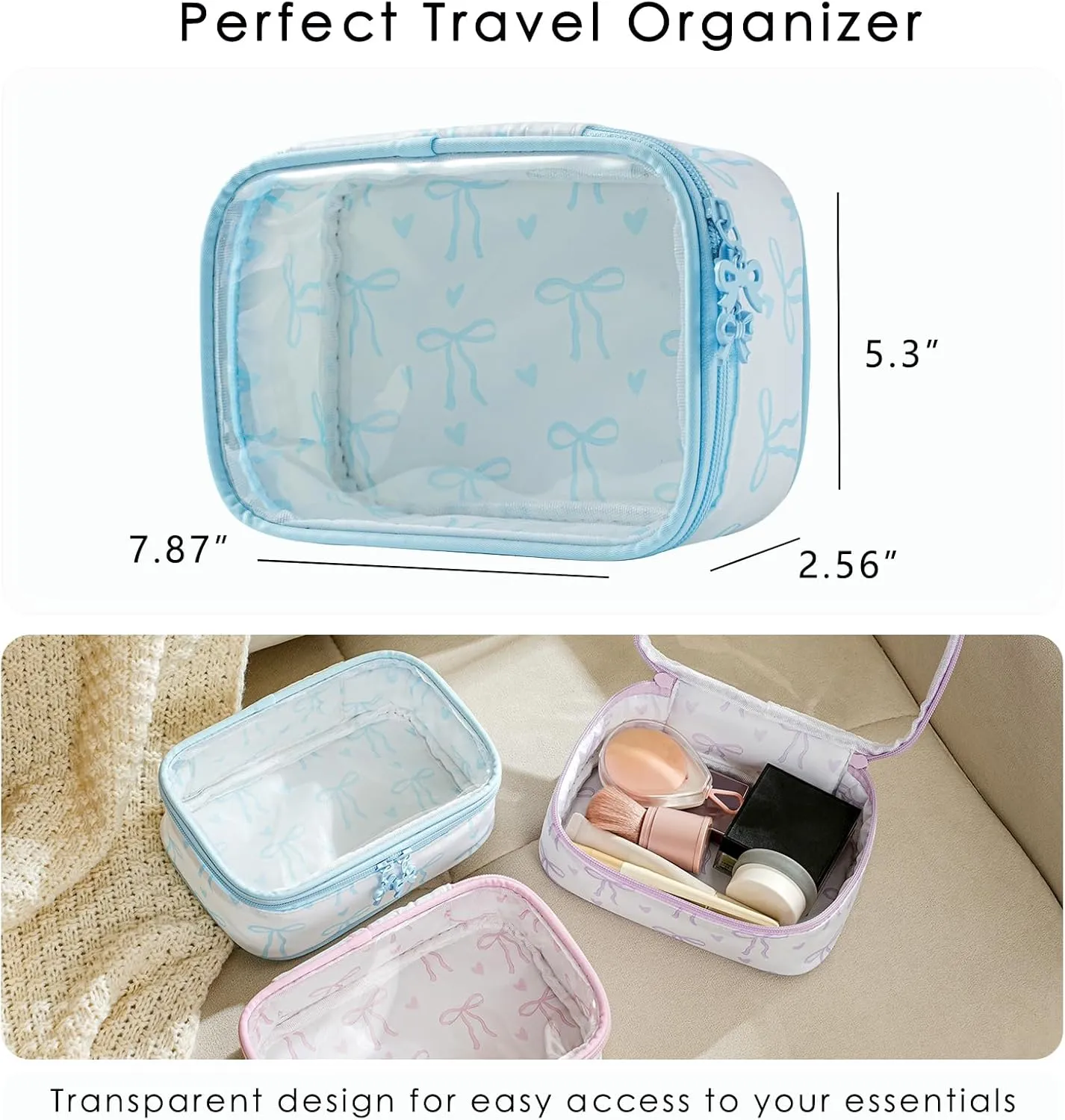 Cute Clear Makeup Bag with Bow Pattern,Transparent Nylon Travel Cosmetic Case with Zipper,Portable Makeup Organizer Pouch for Essentials(02Blue)