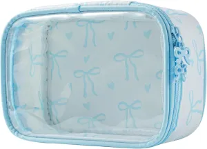 Cute Clear Makeup Bag with Bow Pattern,Transparent Nylon Travel Cosmetic Case with Zipper,Portable Makeup Organizer Pouch for Essentials(02Blue)