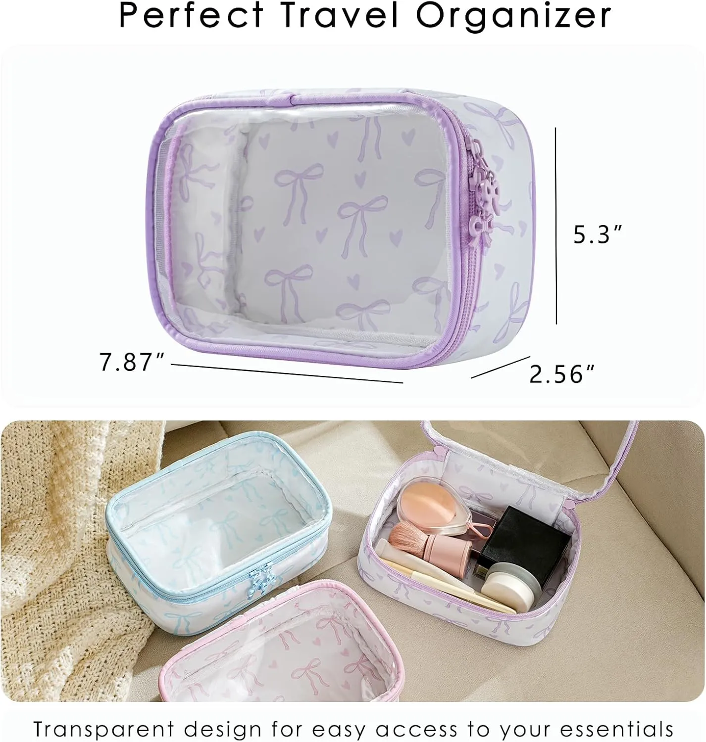 Cute Clear Makeup Bag with Bow Pattern,Transparent Nylon Travel Cosmetic Case with Zipper,Portable Makeup Organizer Pouch for Essentials(03Purple)
