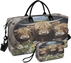 Cute Highland Cow Travel Duffel Bags 2PCS,Sports Duffel Bags for Men Women,Weekender Overnight Bag Gym Tote Bag with Toiletry Bag