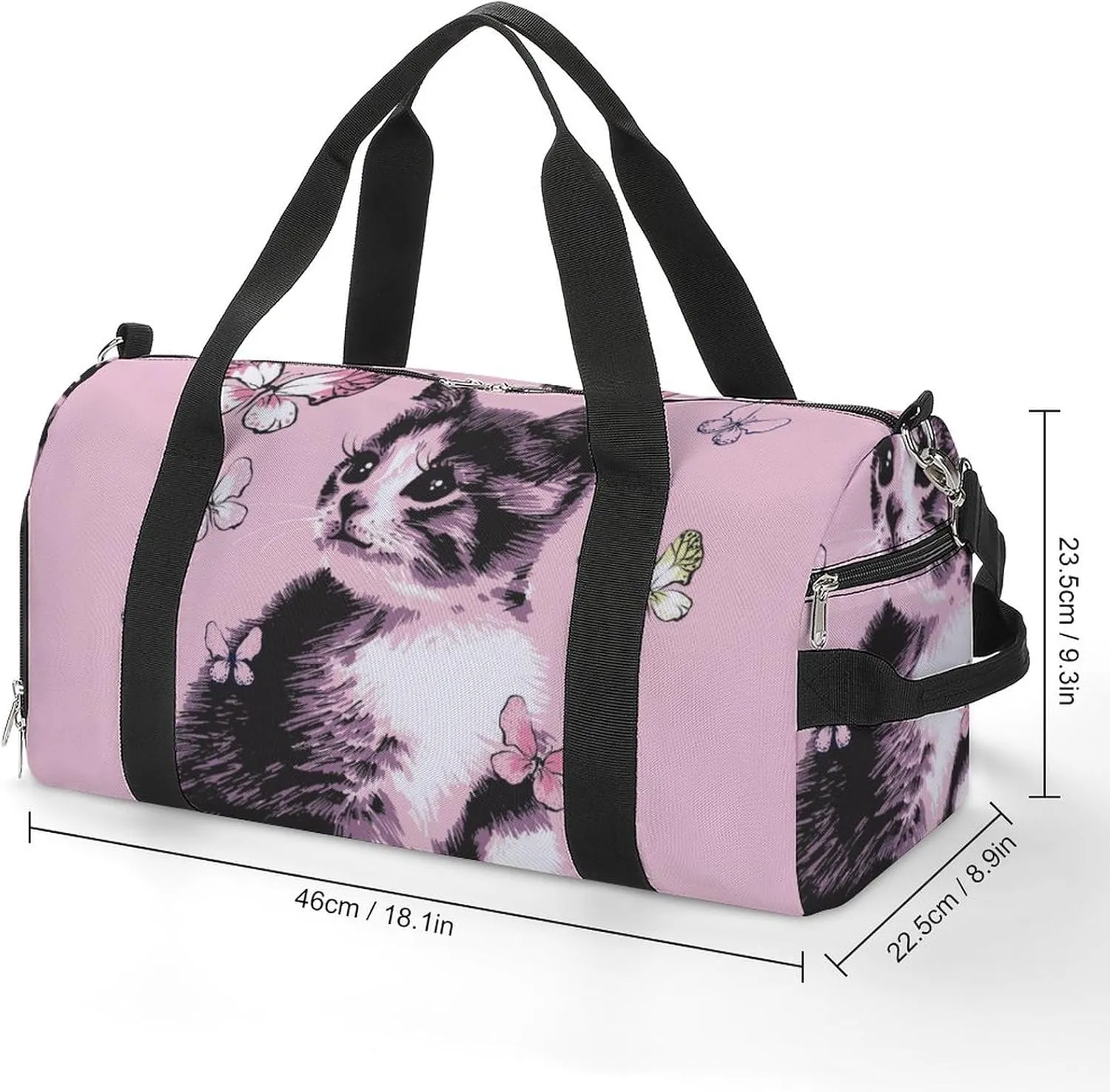 Cute Kitten on Pink Sports Tote Gym Bag for Women Men, Overnight Bag with Shoe Compartment Water Resistant