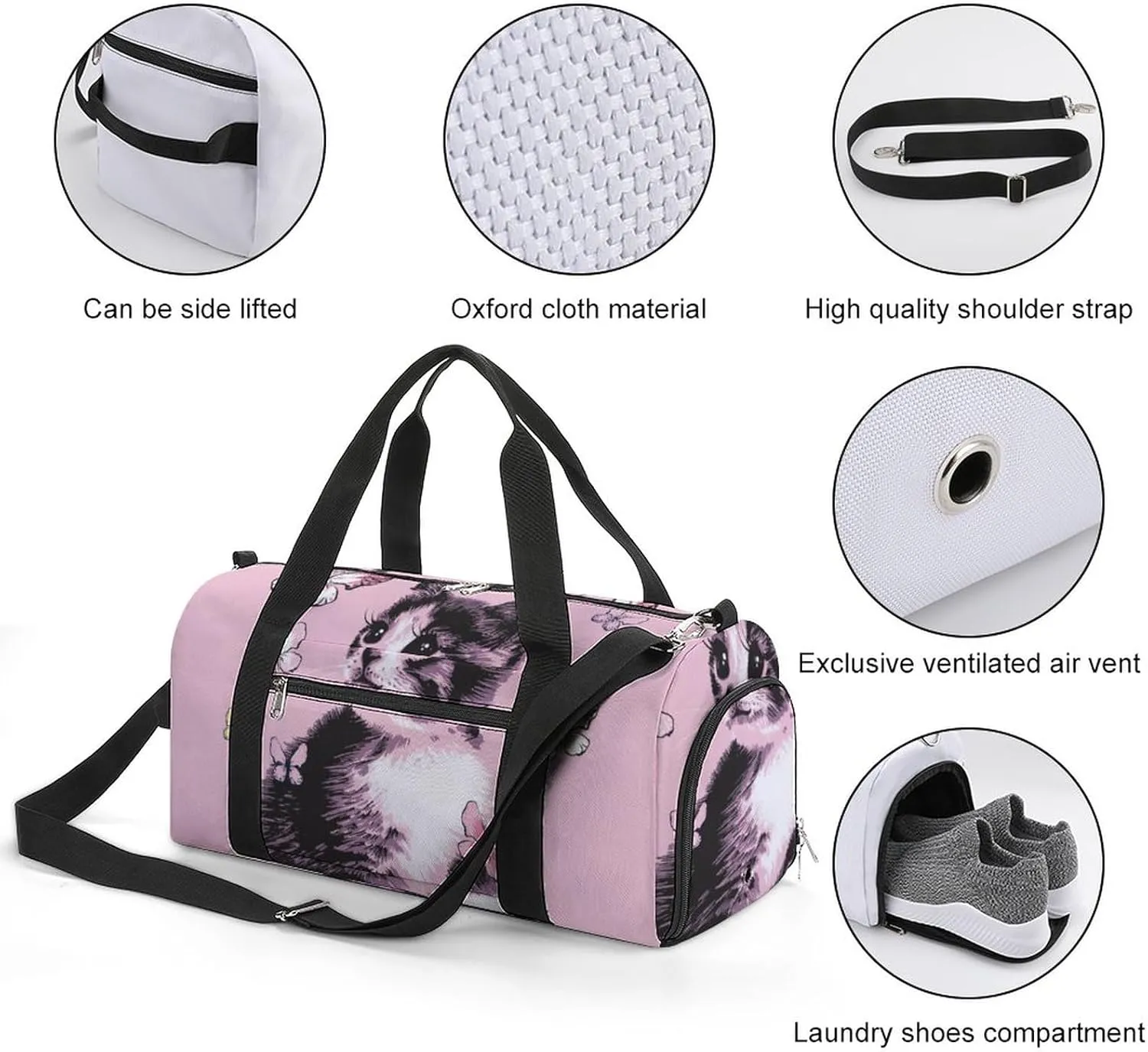 Cute Kitten on Pink Sports Tote Gym Bag for Women Men, Overnight Bag with Shoe Compartment Water Resistant