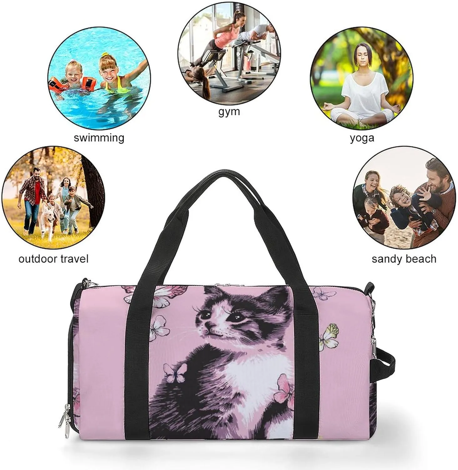 Cute Kitten on Pink Sports Tote Gym Bag for Women Men, Overnight Bag with Shoe Compartment Water Resistant