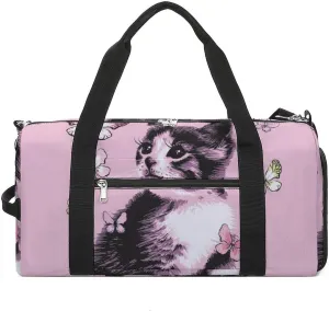 Cute Kitten on Pink Sports Tote Gym Bag for Women Men, Overnight Bag with Shoe Compartment Water Resistant
