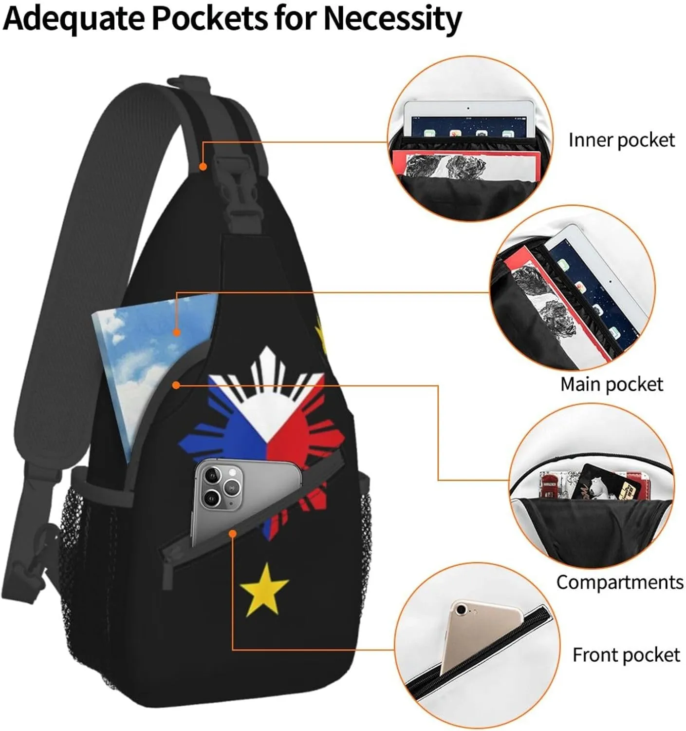 Cute Philippines Flag Crossbody Sling Backpack Sling Bag Travel Hiking Chest Bag Filipino Daypack for Women Men