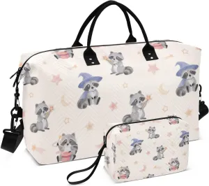 Cute Raccoon and Moon Star Duffel Bag for Gym Yoga Weekender Overnight Quilting Travel Bag Set