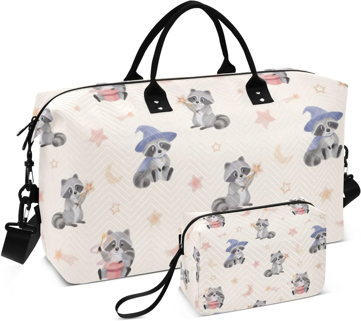 Cute Raccoon and Moon Star Duffel Bag for Gym Yoga Weekender Overnight Quilting Travel Bag Set