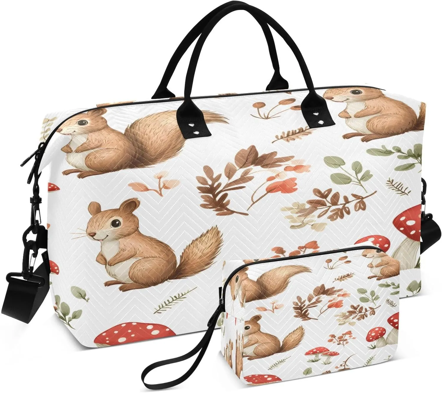 Cute Squirrels and Mushrooms Travel Duffel Bags 2PCS,Sports Duffel Bags for Men Women,Weekender Overnight Bag Gym Tote Bag with Toiletry Bag