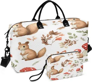 Cute Squirrels and Mushrooms Travel Duffel Bags 2PCS,Sports Duffel Bags for Men Women,Weekender Overnight Bag Gym Tote Bag with Toiletry Bag