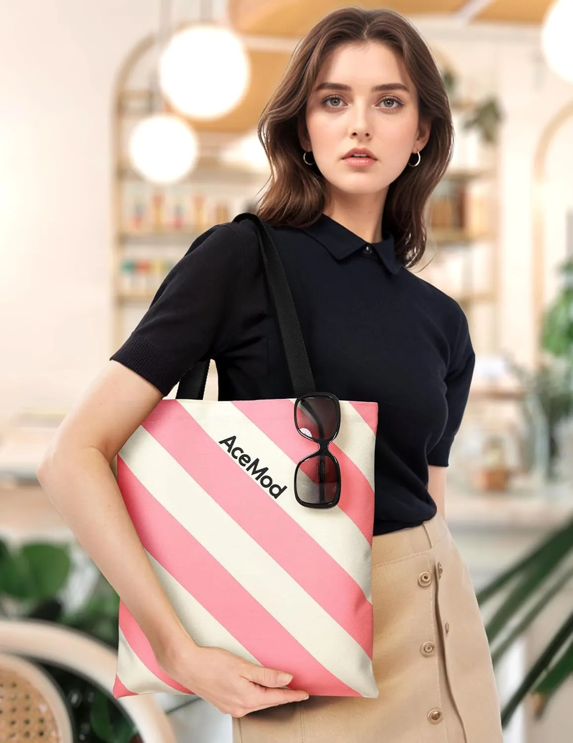 Cute Tote Bag, Canvas Tote Bag for Women, Book Tote Bag for Work, Campus, Shopping, Gym, Diagonal Stripes,Inner Pocket