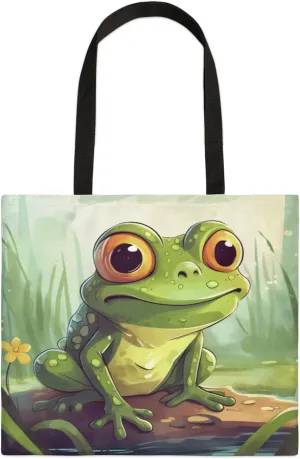 Cute Watercolor Frog Pond Square Canvas Tote Bag Top Handle Purses Stylish Women Canvas Shoulder Tote Bags Reusable Handbags for Work Travel Picnic Beach Shopping Gym Hiking