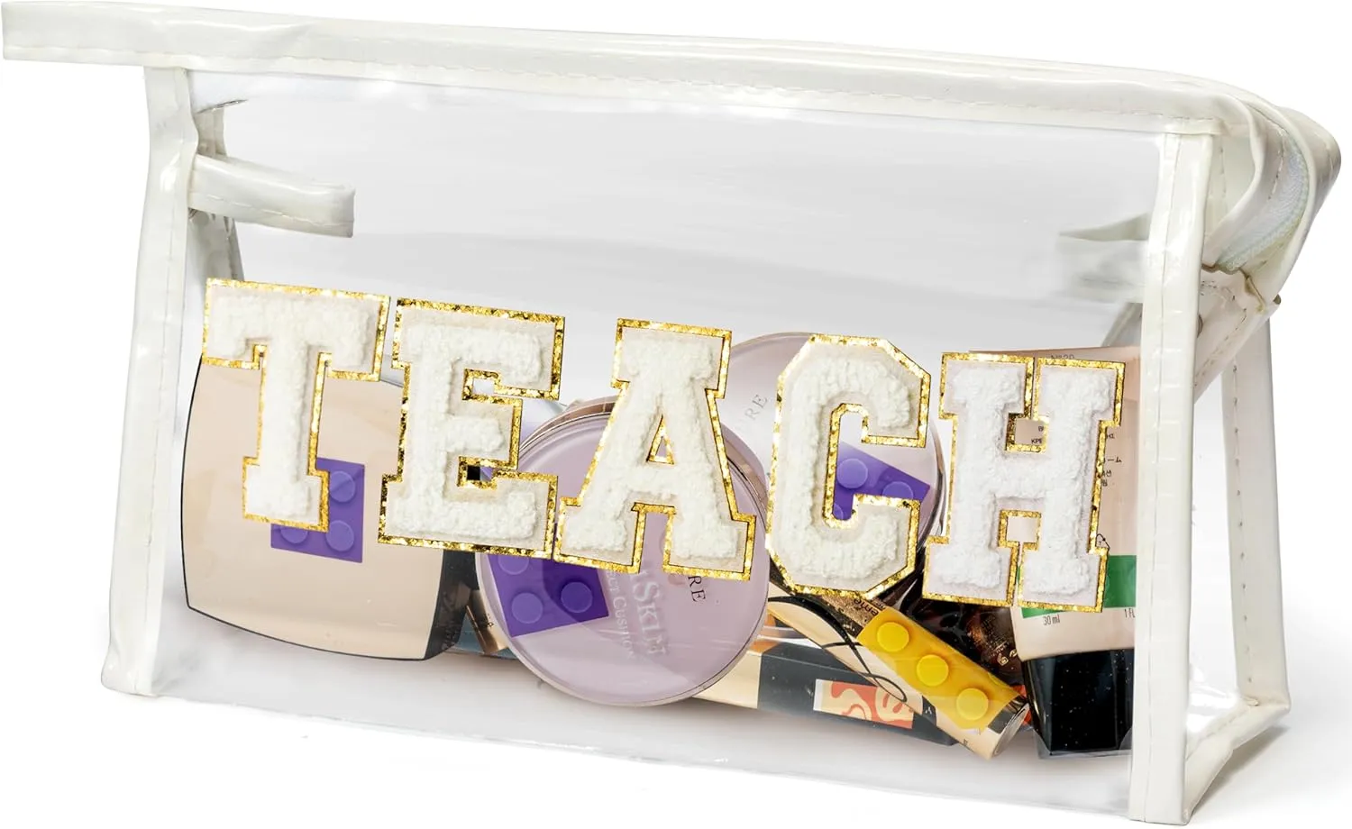 CY2SIDE TEACH Clear Makeup Bag - White TEACH Letter Patch Cosmetic Bag with Handle for Travel PVC Zipper Clear Toiletries Waterproof Portable Travel Organizer Teacher Appreciation Gifts, White