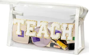CY2SIDE TEACH Clear Makeup Bag - White TEACH Letter Patch Cosmetic Bag with Handle for Travel PVC Zipper Clear Toiletries Waterproof Portable Travel Organizer Teacher Appreciation Gifts, White