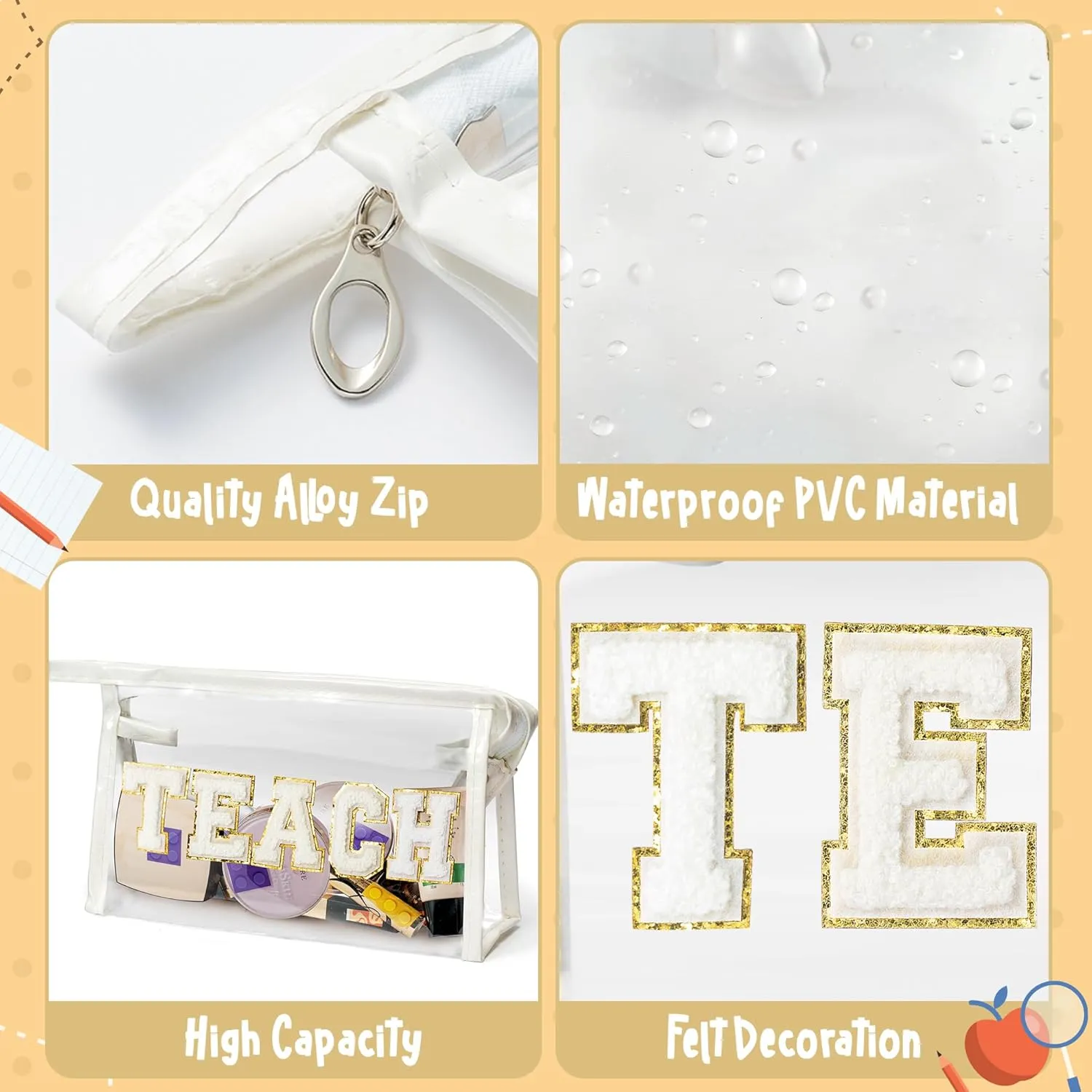 CY2SIDE TEACH Clear Makeup Bag - White TEACH Letter Patch Cosmetic Bag with Handle for Travel PVC Zipper Clear Toiletries Waterproof Portable Travel Organizer Teacher Appreciation Gifts, White